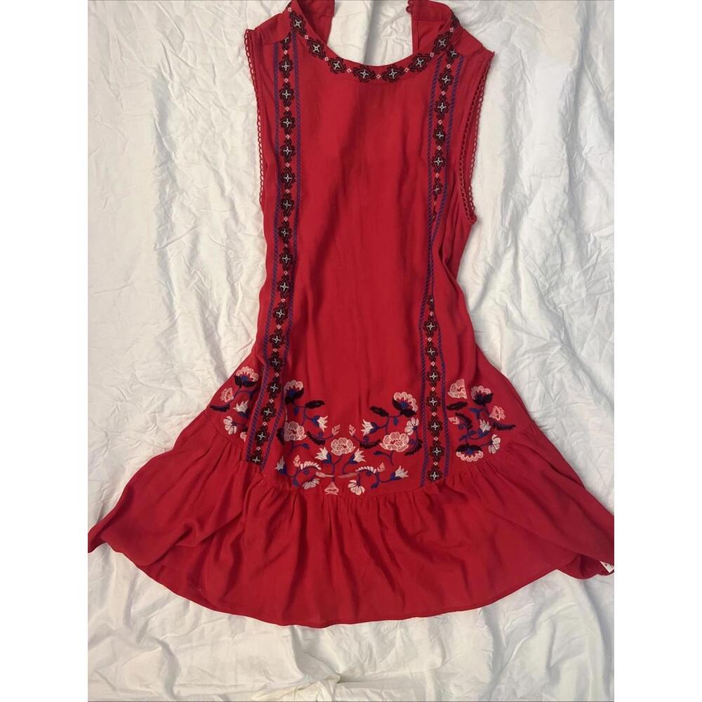 Boho Red Embroidered Floral Sleeveless Drop Waist Mini Dress L Festival Cottage